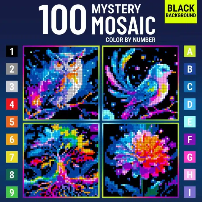 Mystery Mosaic Color by Number book cover for adults with owl, bird, tree and flower designs