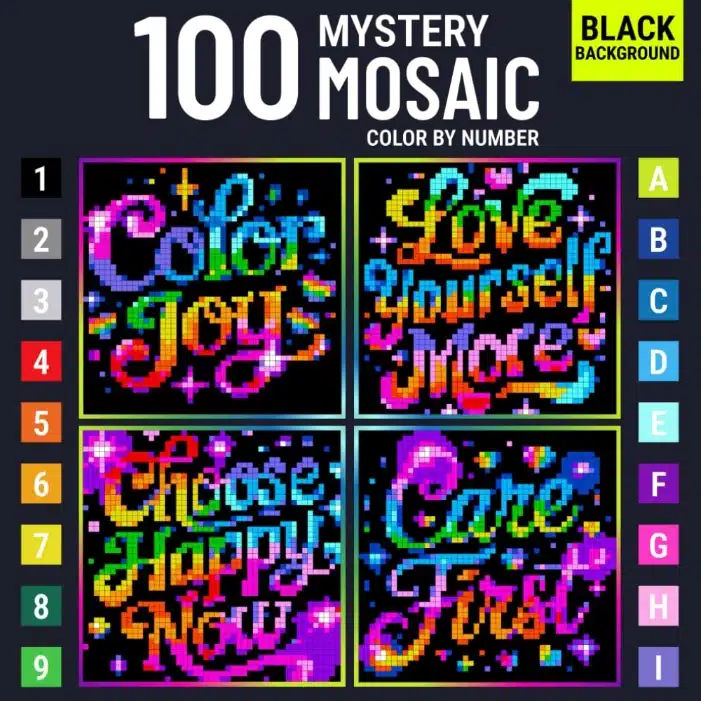 Mystery Mosaic coloring book cover for adults with pixel art quotes in vibrant rainbow colors