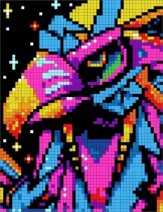 Colorful Challenges Mystery Mosaic color by number pixel art bird in vibrant neon colors for adults
