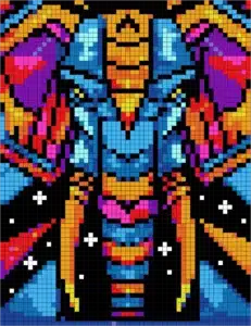 Colorful Challenges Mystery Mosaic color by number pixel art elephant in vibrant neon colors for adults