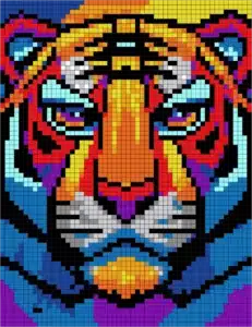 Colorful Challenges Mystery Mosaic color by number pixel art tiger in vibrant neon colors for adults