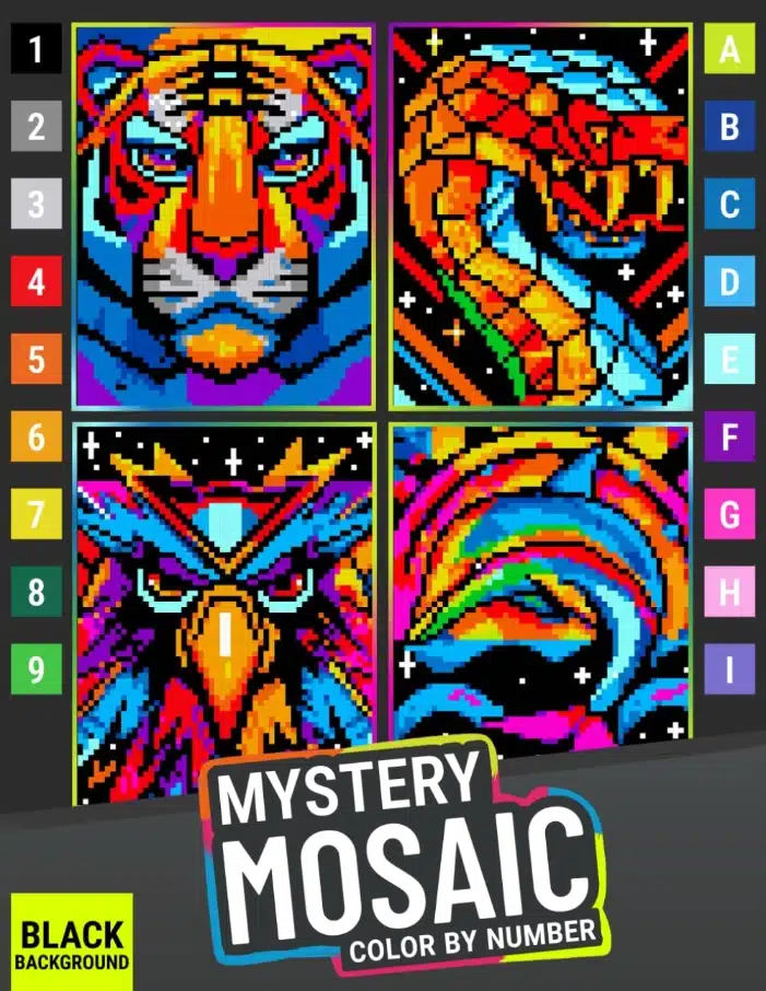 Mystery Mosaic Color by Number animals book cover for adults with tiger, snake, eagle and dolphin
