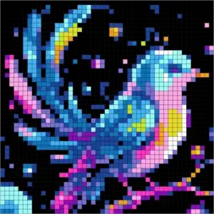 Mystery Mosaic color by number pixel art bird in vibrant colors for adults
