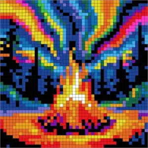 Mystery Mosaic color by number pixel art campfire with vibrant sky for adults