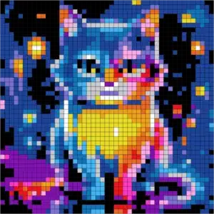 Mystery Mosaic color by number pixel art cat in vibrant neon colors for adults