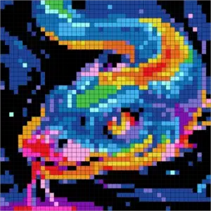 Mystery Mosaic color by number pixel art snake in neon rainbow colors for adults