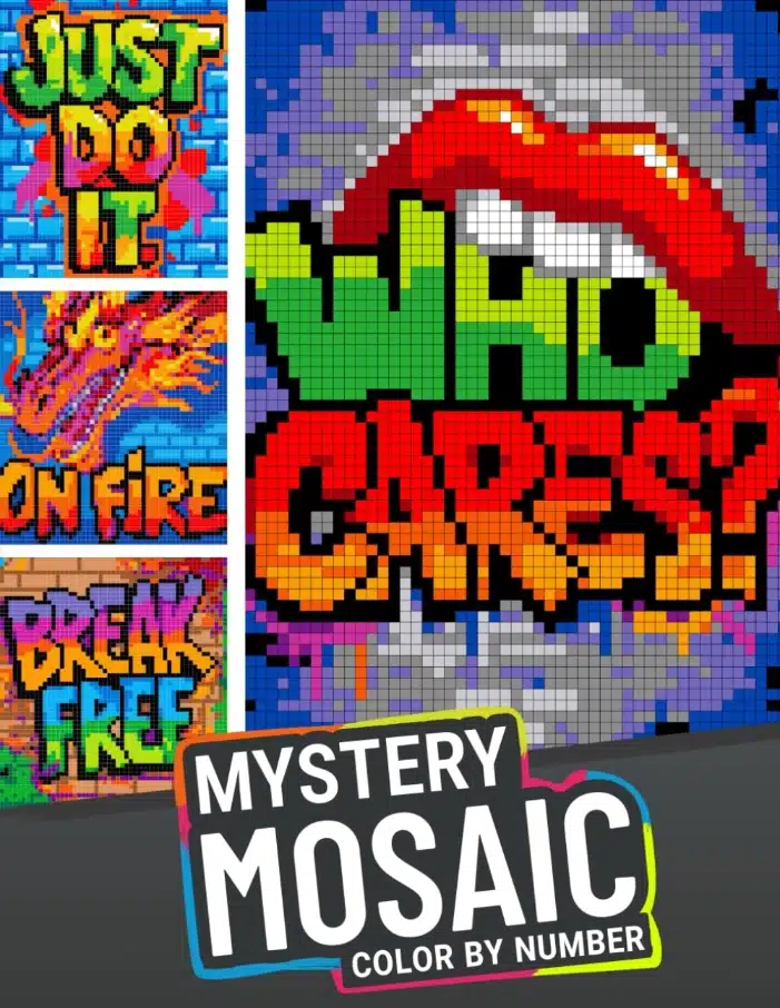 Mystery Mosaic Color by Number book for adults with graffiti-style pixel art words and designs