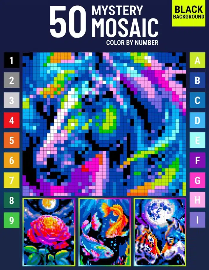 Mystery Mosaic coloring book cover for adults with neon pixel art animals and floral designs