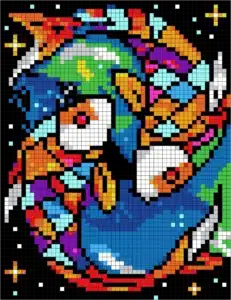 Colorful Challenges Mystery Mosaic color by number pixel art fish duo in vibrant neon colors for adults