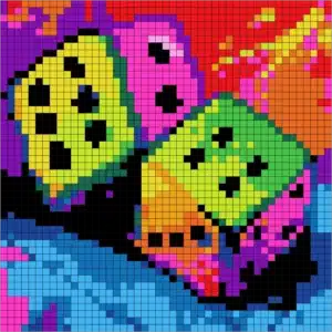 Vibrant Color Quest Mystery Mosaic color by number pixel art dice in neon colors for adults