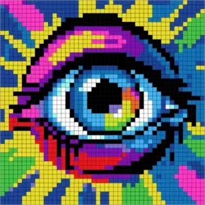 Vibrant Color Quest Mystery Mosaic color by number pixel art eye in neon colors for adults