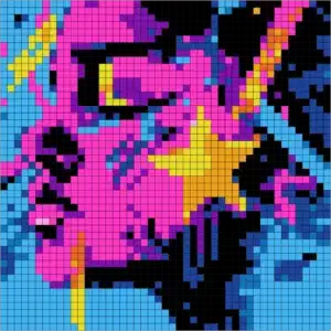 Vibrant Color Quest Mystery Mosaic color by number pixel art face with star in neon colors for adults