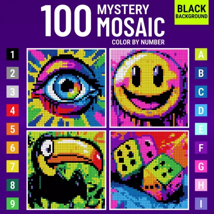 Mystery Mosaic coloring book for adults with neon designs: eye, smiley face, toucan and dice